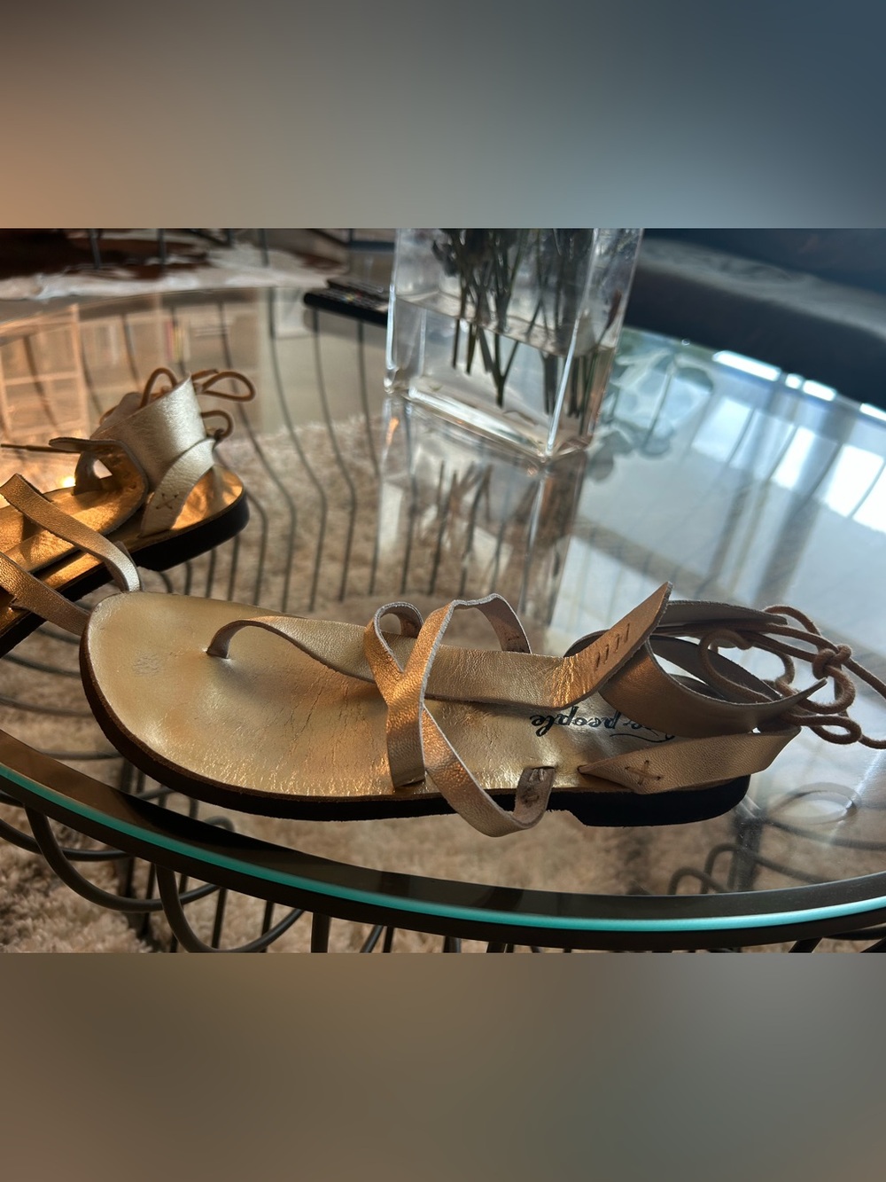 Free People Size 39 Vintage Gold Leather Vacation Day Wrap Sandal - Picture 2 of 4